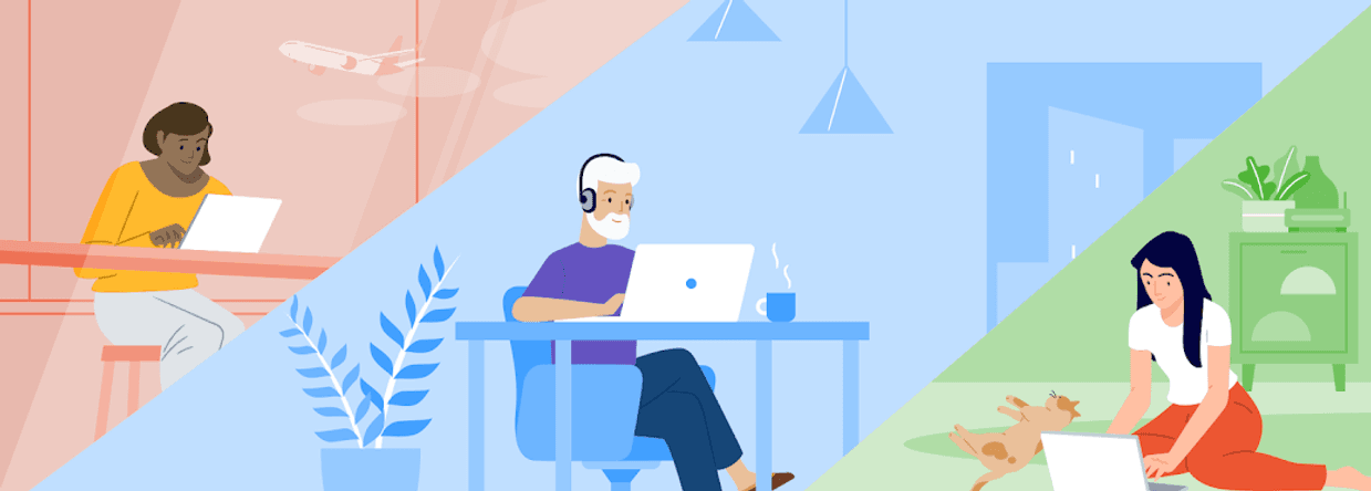 A vector illustration about remote work with 3 different people